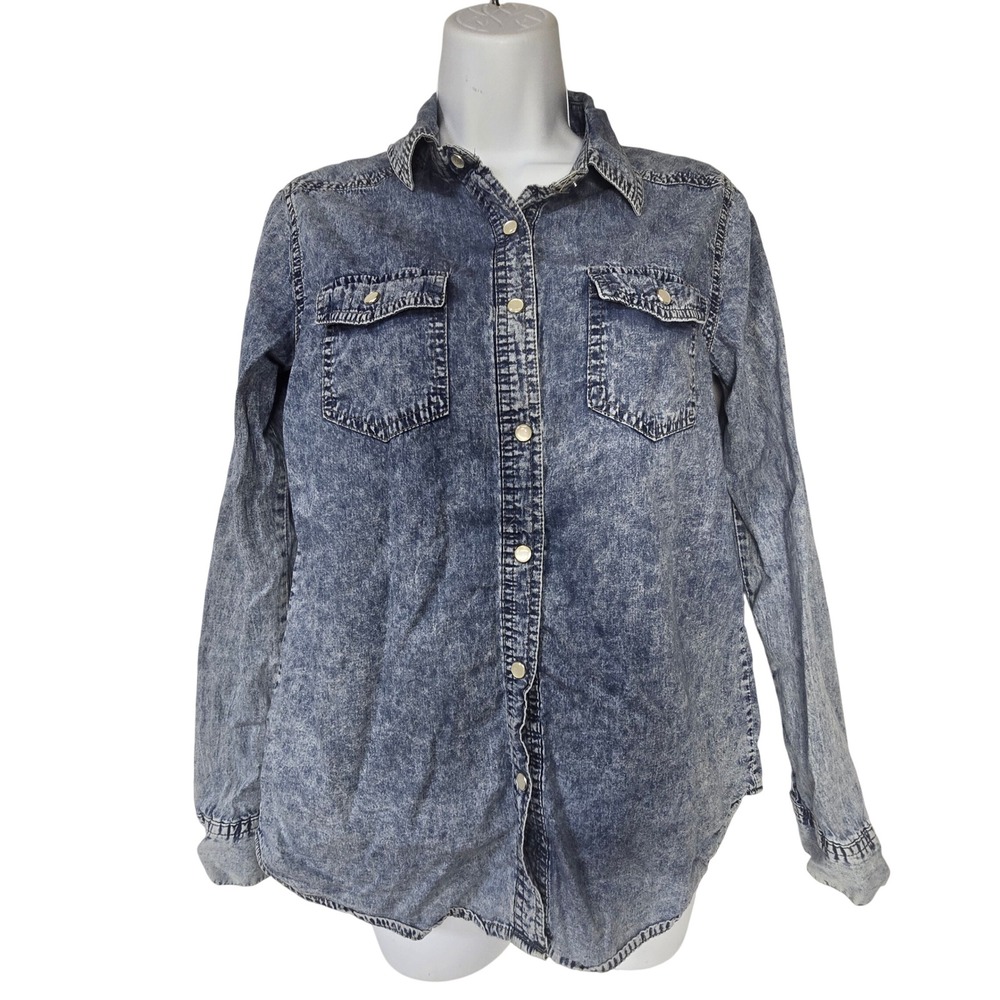 Passport Acid Wash Denim‎ Shirt Women Small Blue Cotton Western 90s Grunge Indie